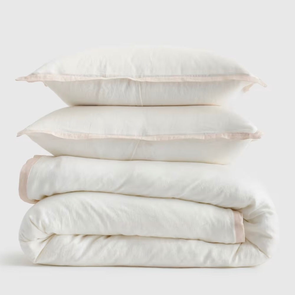 NWOT -  Quince European Linen Contrast Flange Duvet‎ Cover Set - White/Sand
